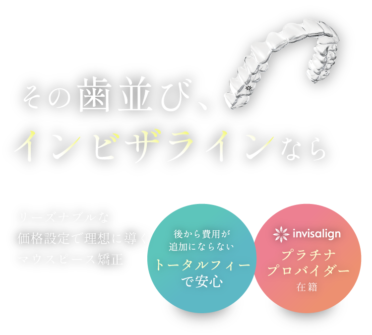 その歯並び、インビザラインなら／リーズナブルな価格設定で理想に導くマウスピース矯正／後から費用が追加にならないトータルフィーで安心／インビザラインプラチナプロバイダー在籍